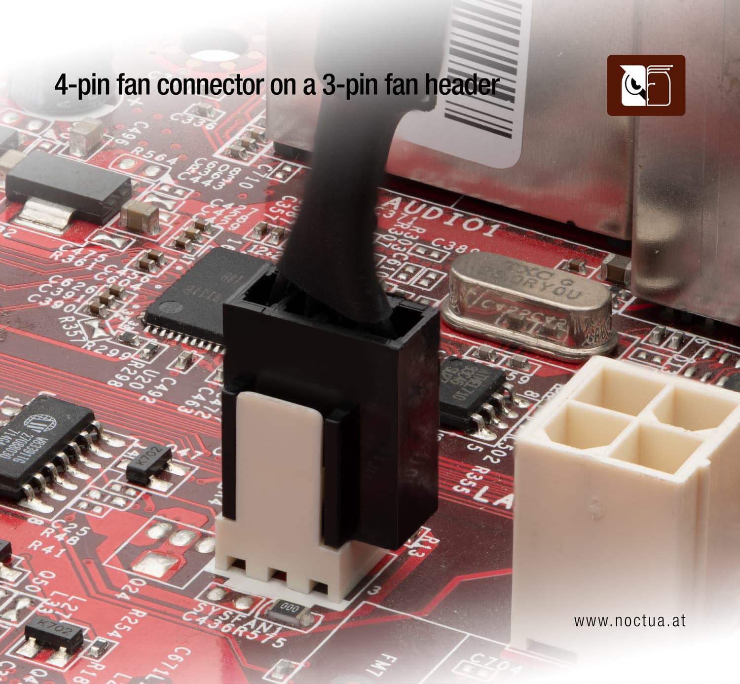 A 4-pin fan connector plugged into a 3-pin fan header on a red motherboard, with one pin on the connector overhanging and not connected to the header.