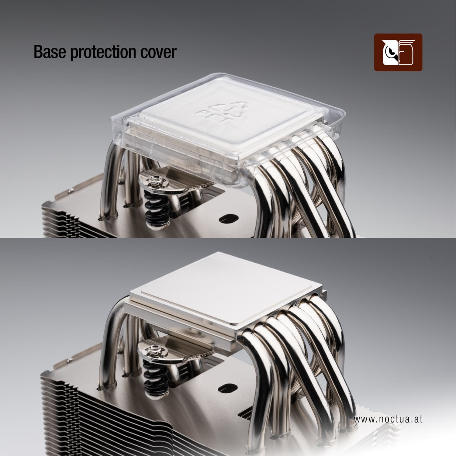 The cooler base is shown twice, once with and once without the base protection cover.