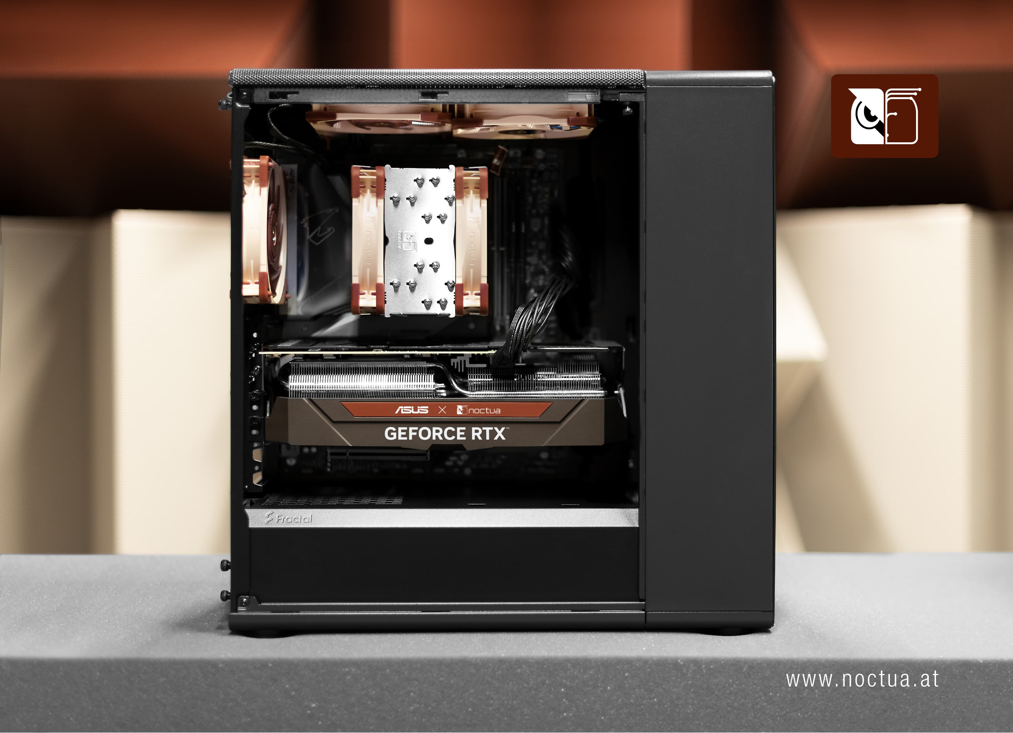 Side view of an open Fractal North PC case with Noctua NH-U12A CPU cooler, NF-A12x25 fans, ASUS GeForce RTX Noctua Edition GPU, showing internal components.
