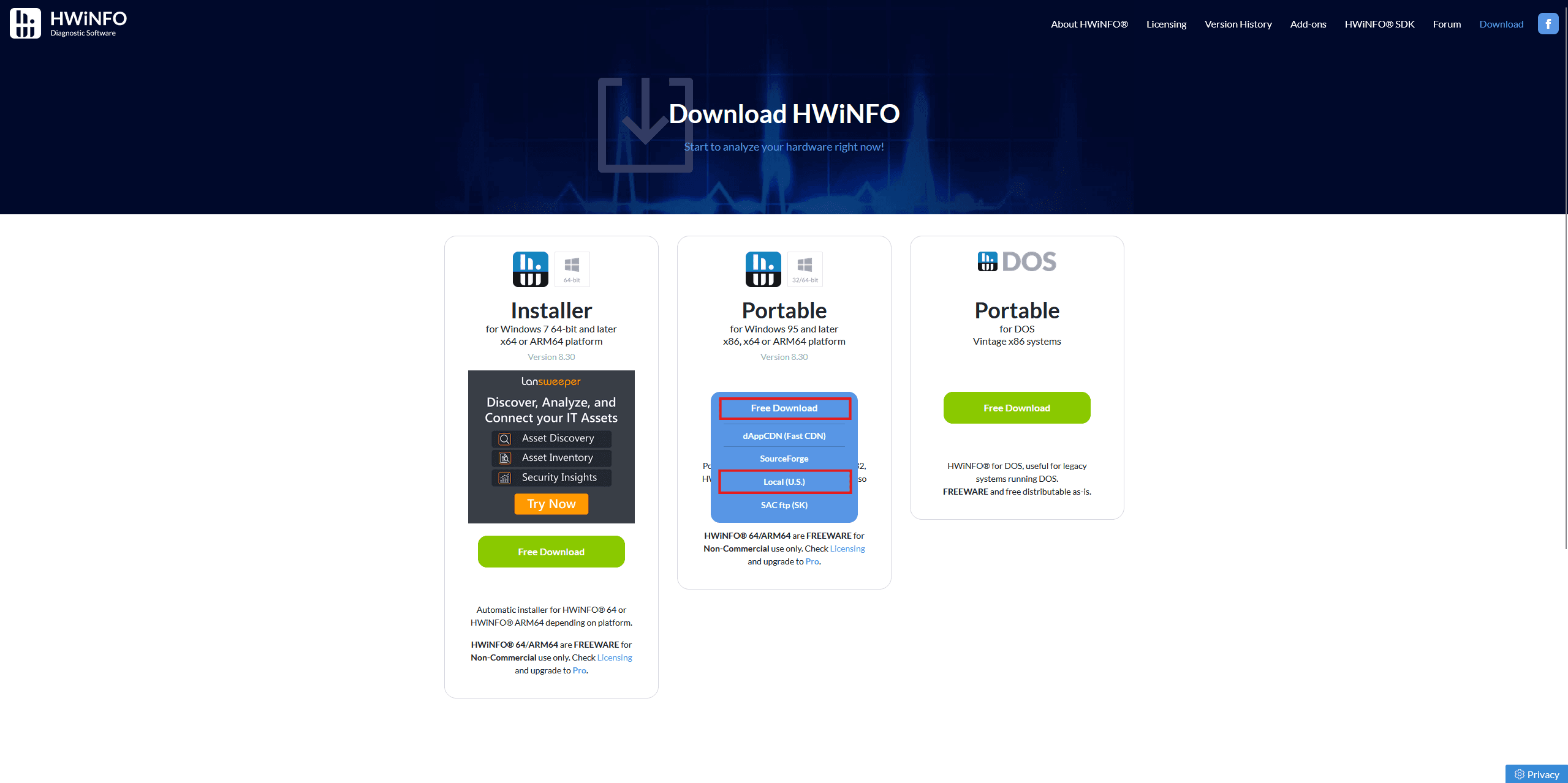 Screenshot from HWiNFO download page with the Portable "Free Download" and "Local" marked by red rectangles.
