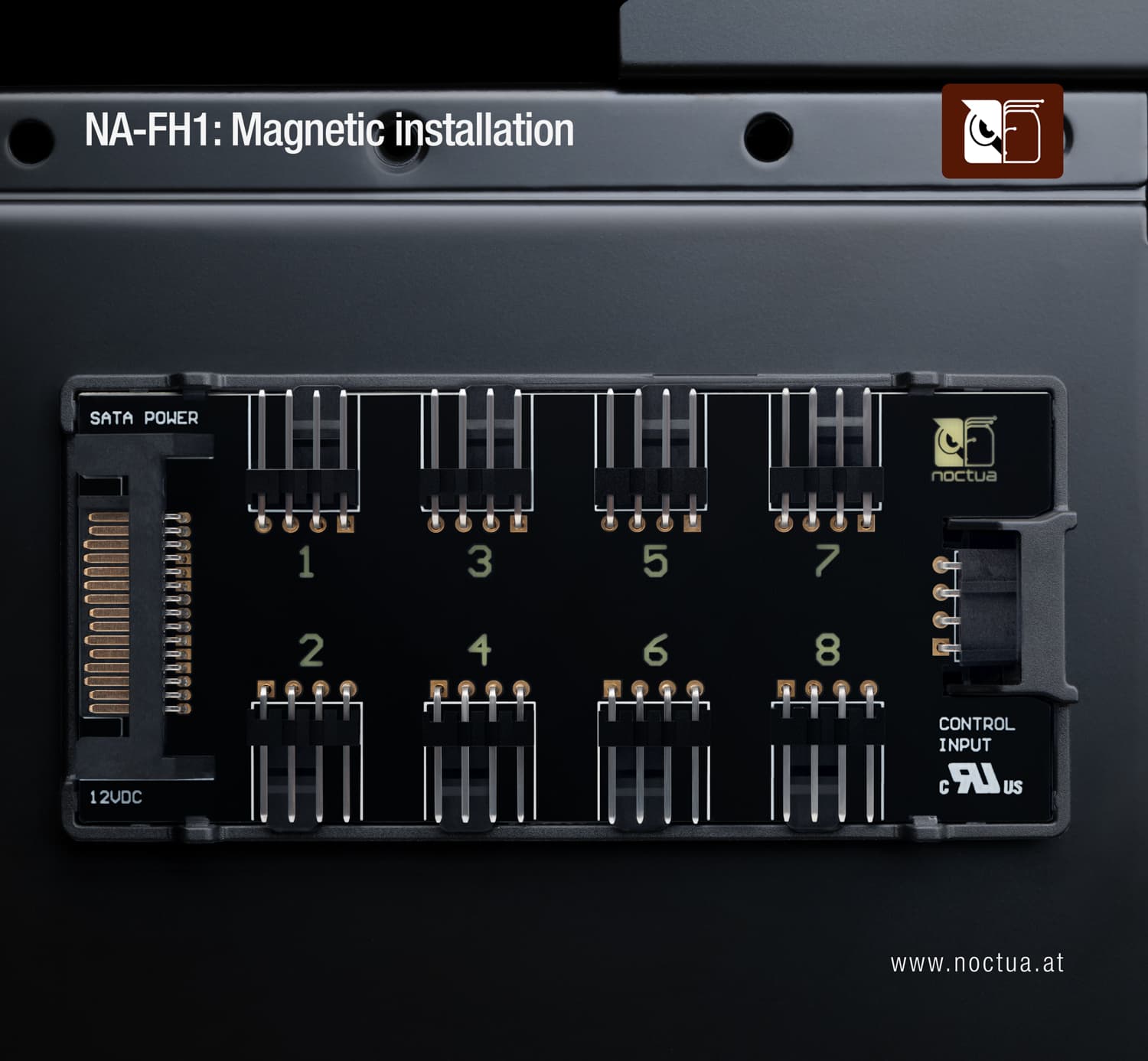 The Noctua NA-FH1 fan hub magnetically attached to the interior of a PC case.