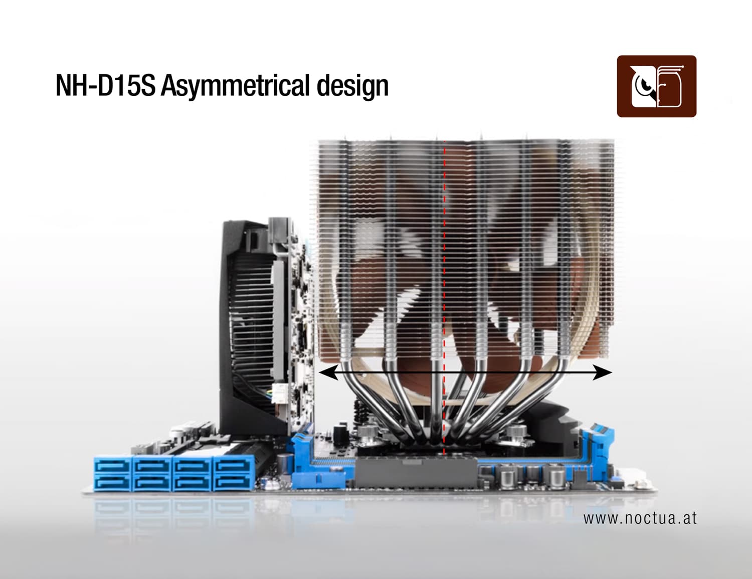 An installed NH-D15s with additional lines drawn to show that it is asymmetrical.