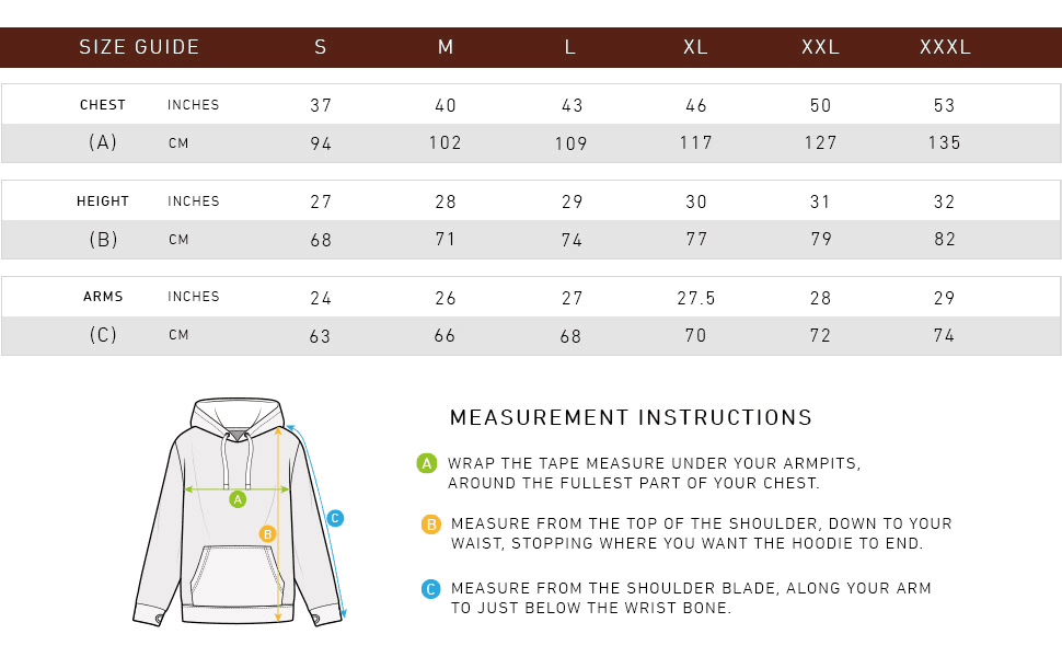 A size chart listing chest, height and arm measurements to pick the correct hoodie size.