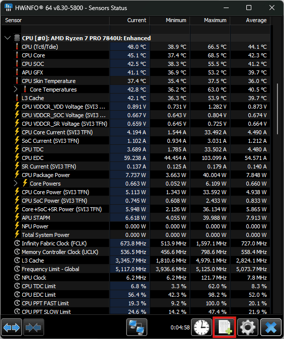Green plus marked in red in the bottom right corner of the HWiNFO window.