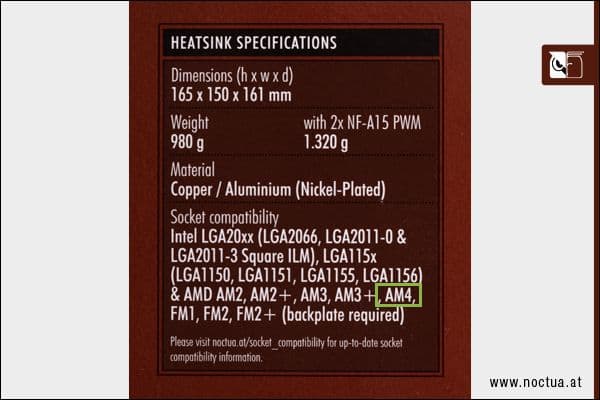 Text on the pacaking of a Noctua product, AM4 marked by a green rectangle