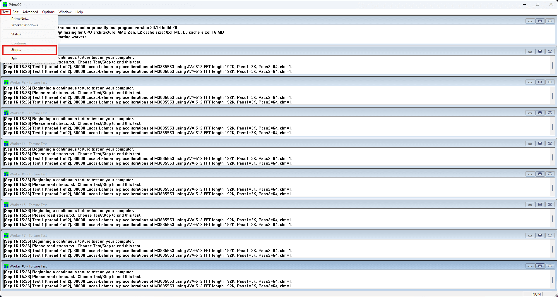 A Prime95 screenshot where "Test" at the top right and "Stop" are marked by a red rectangle.