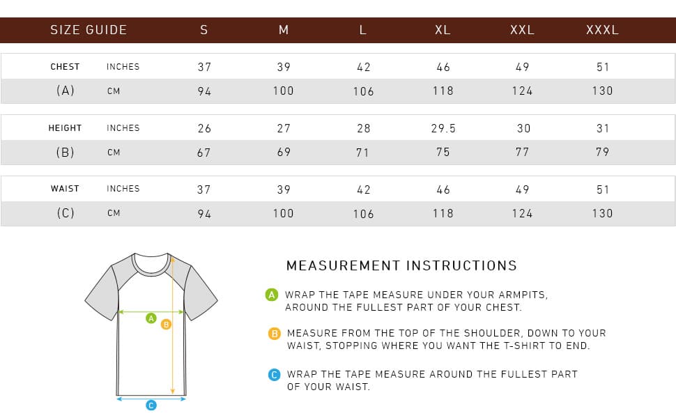 A size chart listing chest, height and arm measurements to pick the correct T-shirt size.