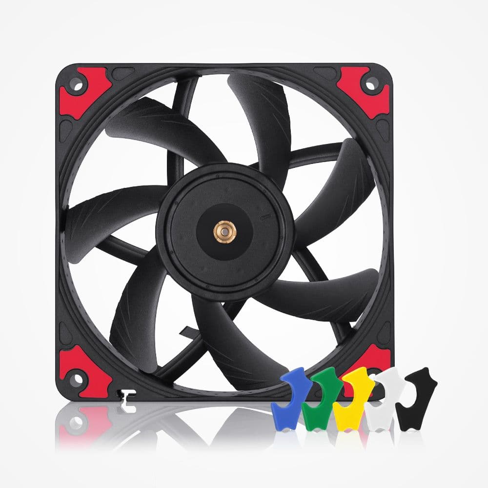 Matte black Noctua NF-A12x15 chromax.black fan with red anti-vibration pads. Customizable blue, green, yellow, white, and black pads shown.