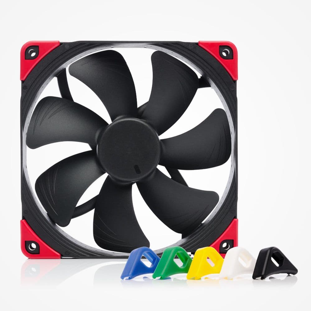 Matte black Noctua NF-A14 chromax.black.swap fan with red anti-vibration pads. Customizable blue, green, yellow, white, and black pads shown.
