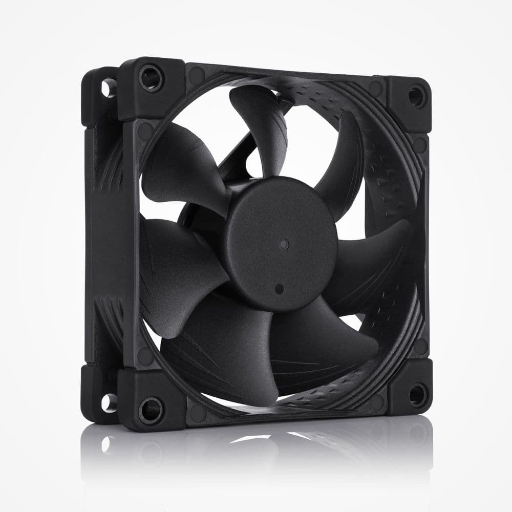 A matte black Noctua NF-A8 chromax.black.swap fan, showing its seven blades and Flow Acceleration Channels on the blades.