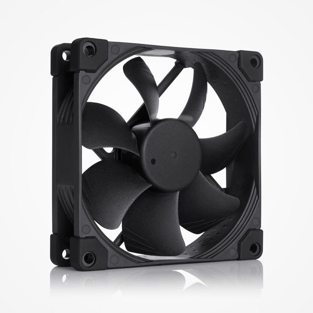 A matte black Noctua NF-A9 chromax.black.swap fan, with seven blades and textured flow acceleration channels visible on the blades.