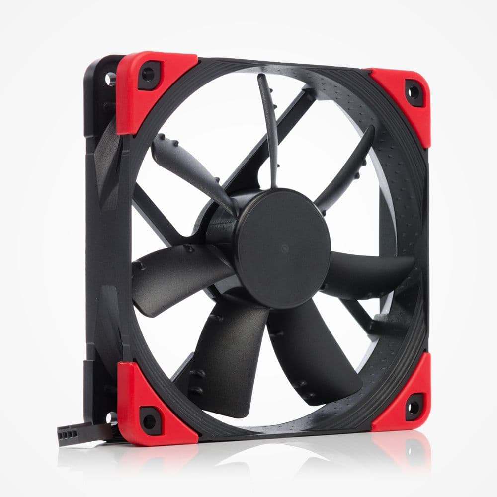 Matte black Noctua NF-F12 chromax.black.swap fan with red anti-vibration pads. It features seven airflow optimized blades and Anti-Stall Knobs.