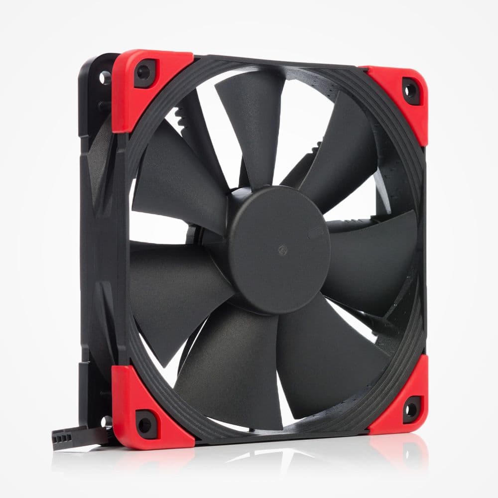 Matte black Noctua NF-F12 chromax.black.swap fan with red anti-vibration pads. It features seven focused flow blades and a ridged inner frame.