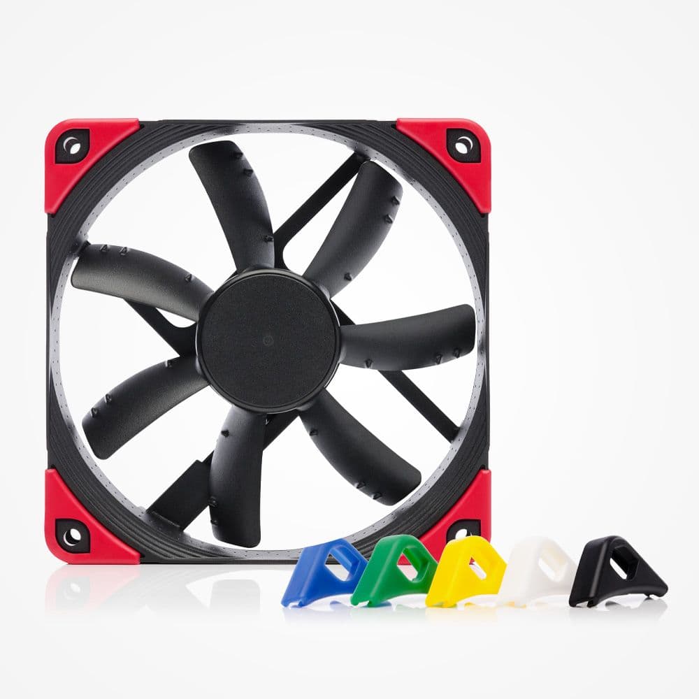 Matte black Noctua NF-S12A chromax.black.swap fan with red anti-vibration pads. Customizable blue, green, yellow, white, and black pads shown.