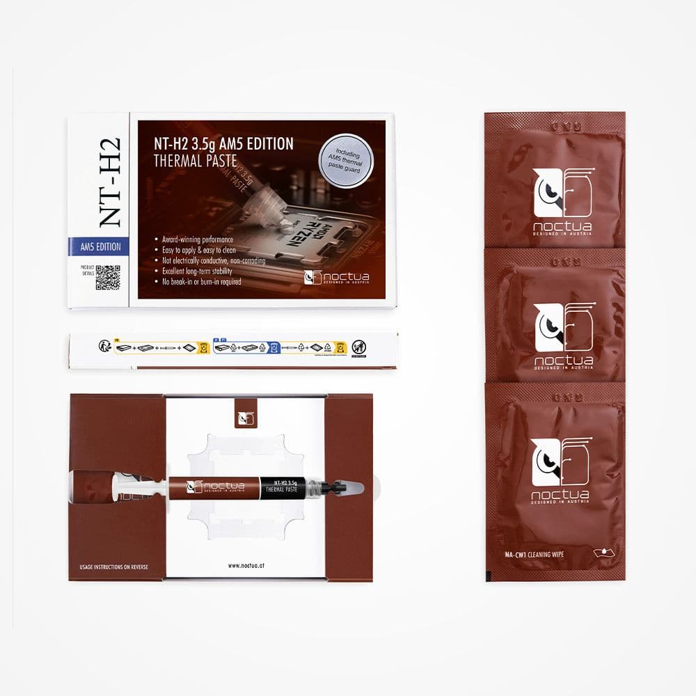  Packaging for Noctua NT-H2 3.5g AM5 Edition, showing the syringe, three cleaning wipes, and a thermal paste guard.