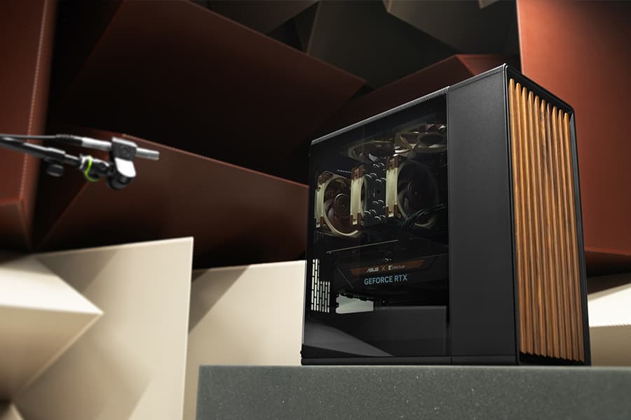 A sleek black PC case with a transparent side panel revealing a Noctua CPU cooler and fans in an anechoic chamber with a microphone pointed at it.