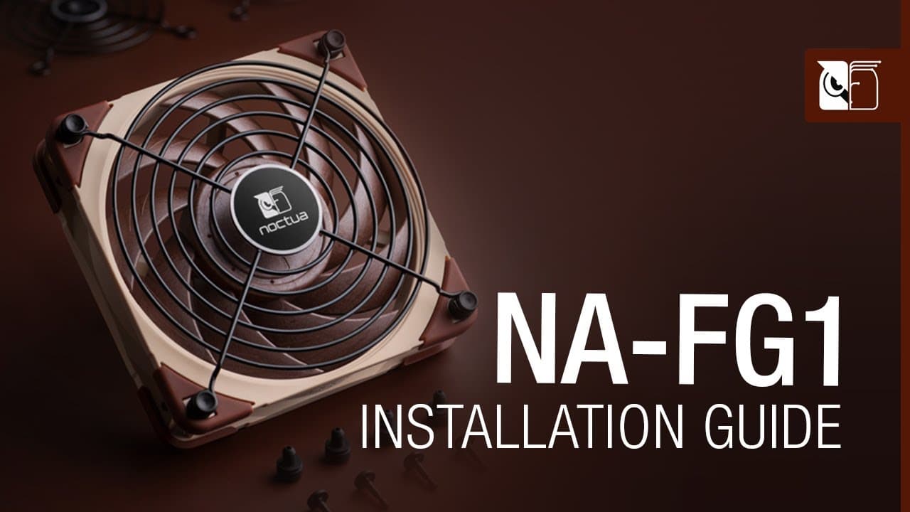 Noctua fan with an NA-FG1 fan grill installed, showcasing the installation guide, with mounting hardware in the foreground.