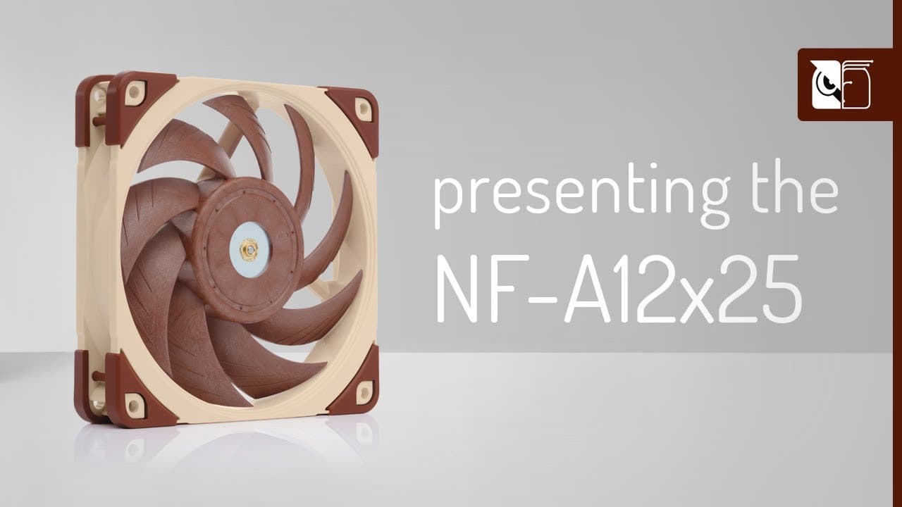Side view of the Noctua NF-A12x25, a 120mm premium fan with signature brown and beige color scheme.