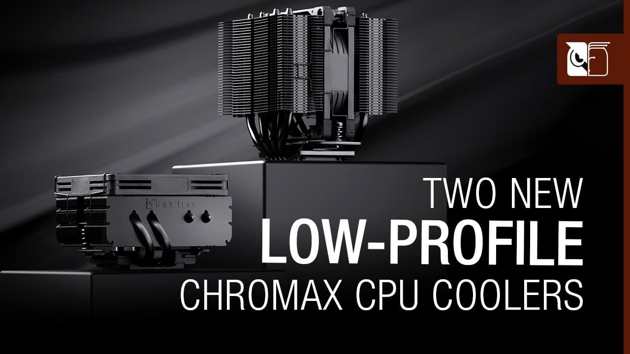 Showcase of two Noctua chromax.black low-profile CPU coolers, the NH-D9L and NH-L9x65, in a sleek, dark setting.