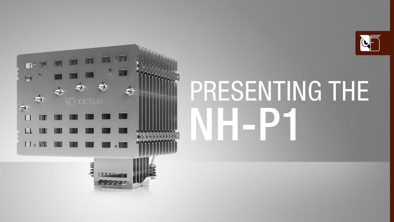 Close-up side view of the fanless Noctua NH-P1 passive CPU cooler, showcasing its large fin stack and heatpipes.