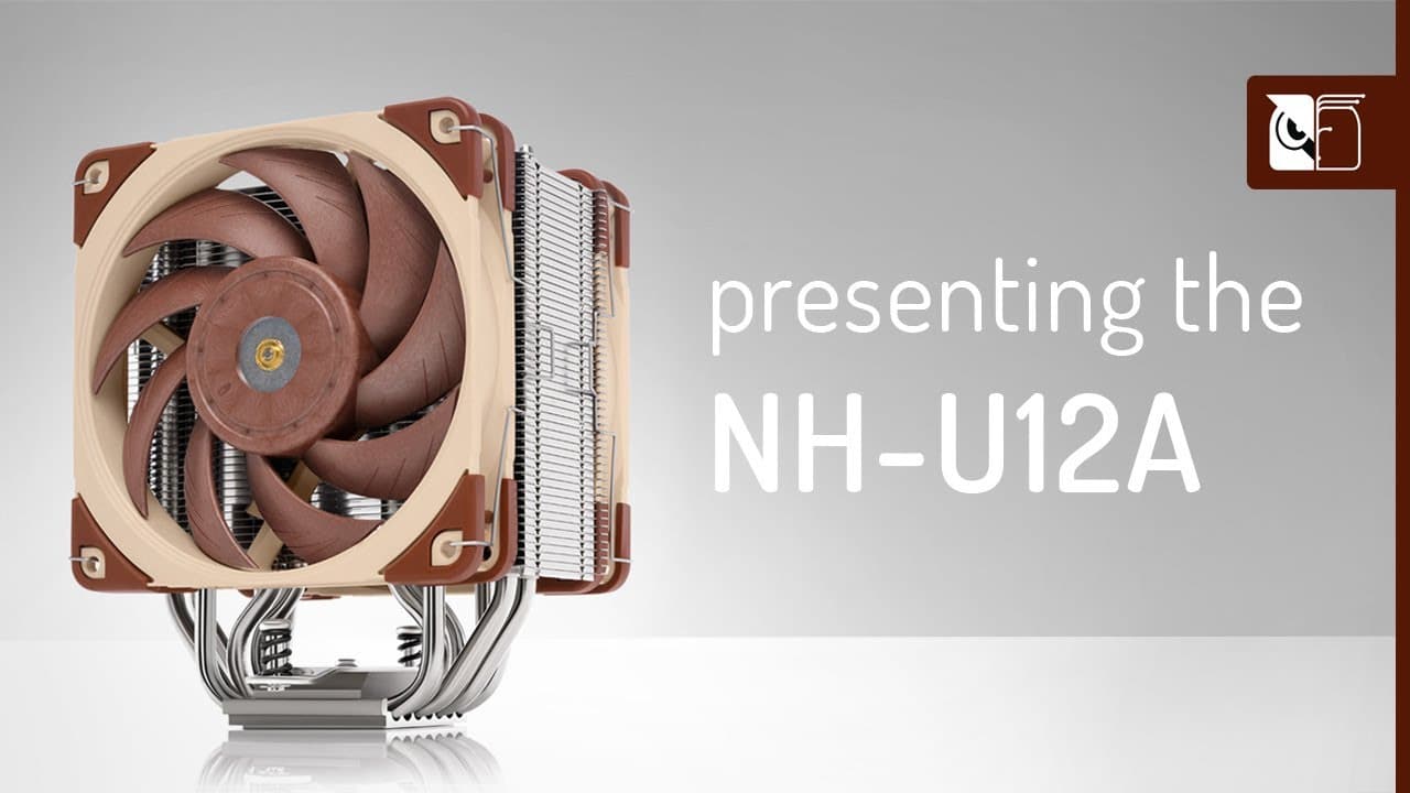 Side view of the Noctua NH-U12A CPU cooler, featuring its signature brown and beige fans and large heatsink.