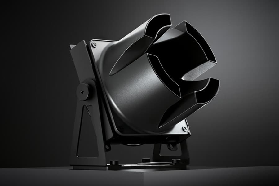 Close-up angled view of a Noctua HOME ventilation unit, a black fan with a unique directional nozzle on a stand.
