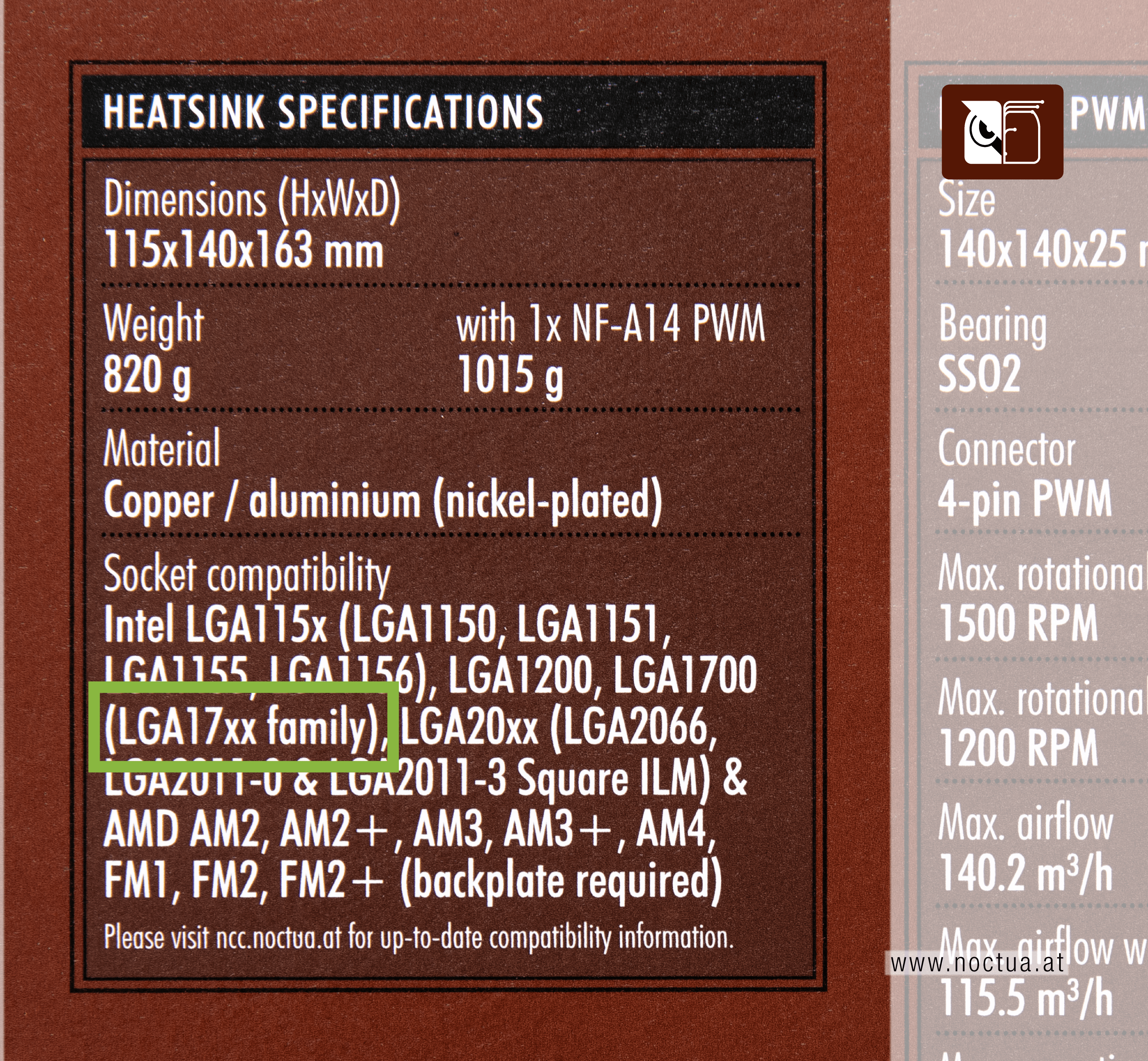 Packaging of Noctua product, LGA17xx marked with a green rectangle