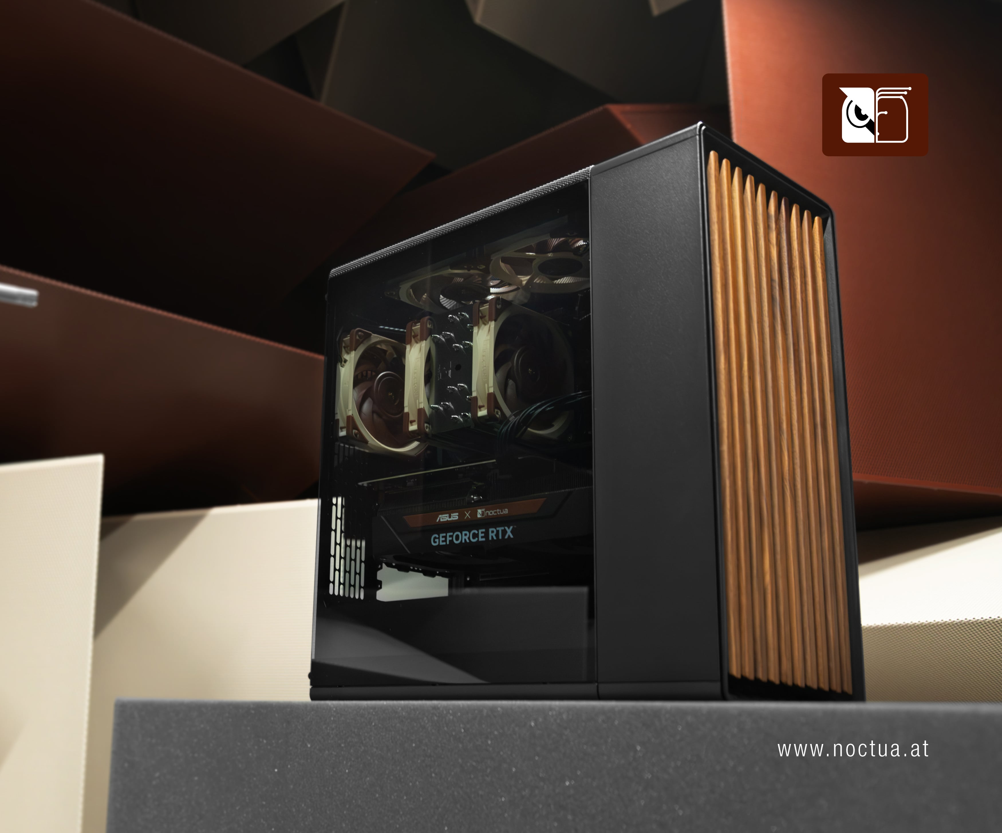 A sleek black PC case with a transparent side panel revealing a Noctua CPU cooler and fans in an anechoic chamber with a microphone pointed at it.