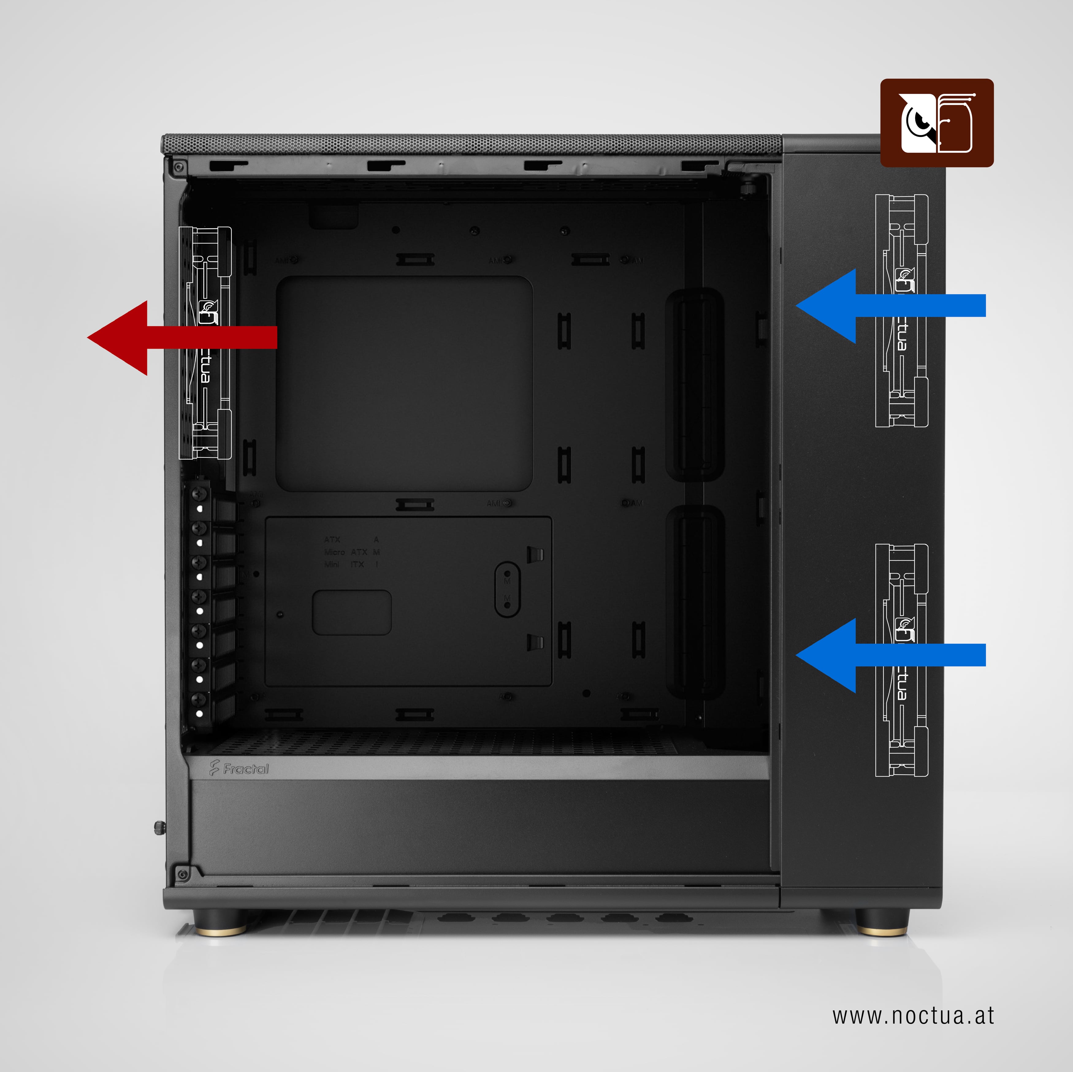 Diagram illustrating airflow in a Fractal North PC case, with blue arrows for intake at the front and red for exhaust at the rear.