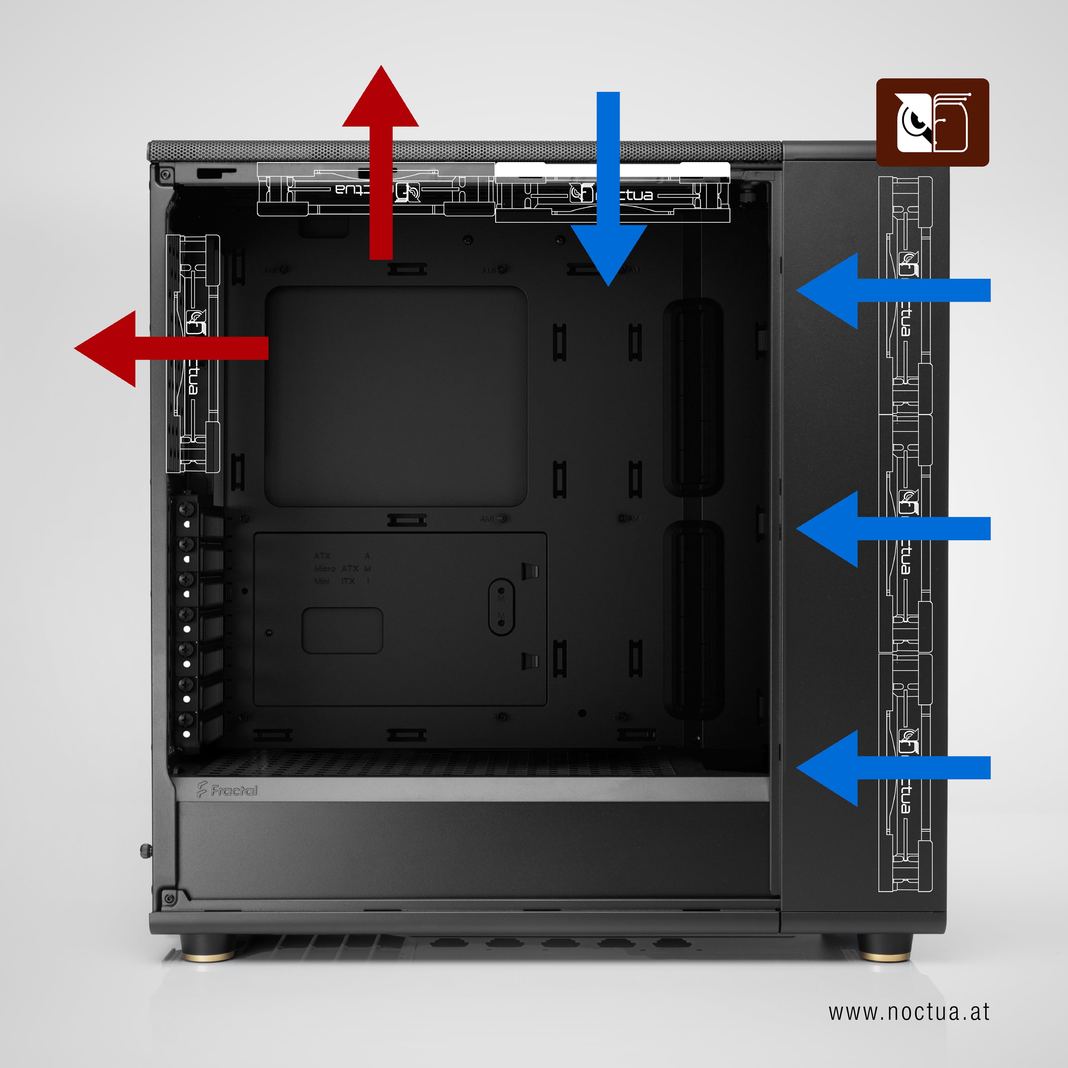 Diagram illustrating intricate airflow within a Fractal North PC case, featuring front intake (blue), rear exhaust (red), and a combination of top intake and exhaust.
