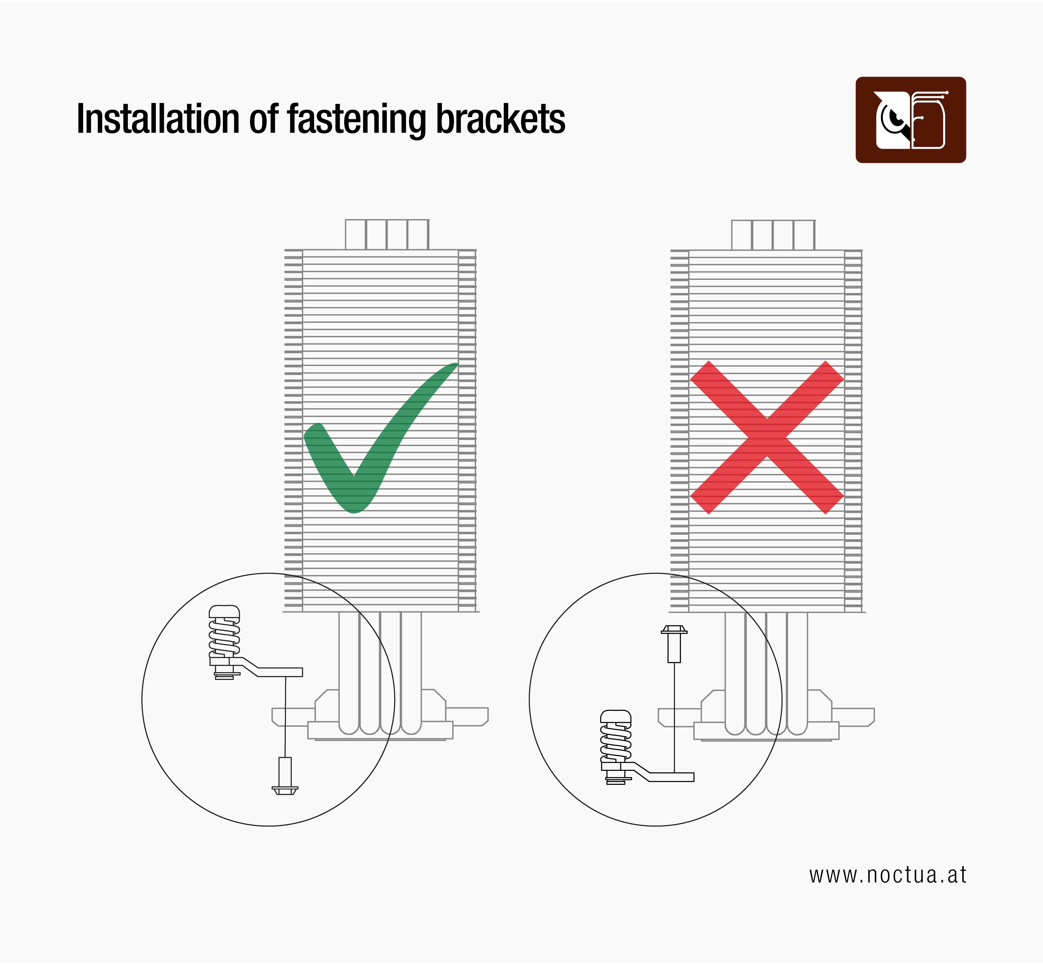 Two installations are shown. On the left with a green checkmark, from top to bottom: Fastening bracket, then cooler base, then screw. On the right with a red X: Screw, then cooler base, then fastening bracket.