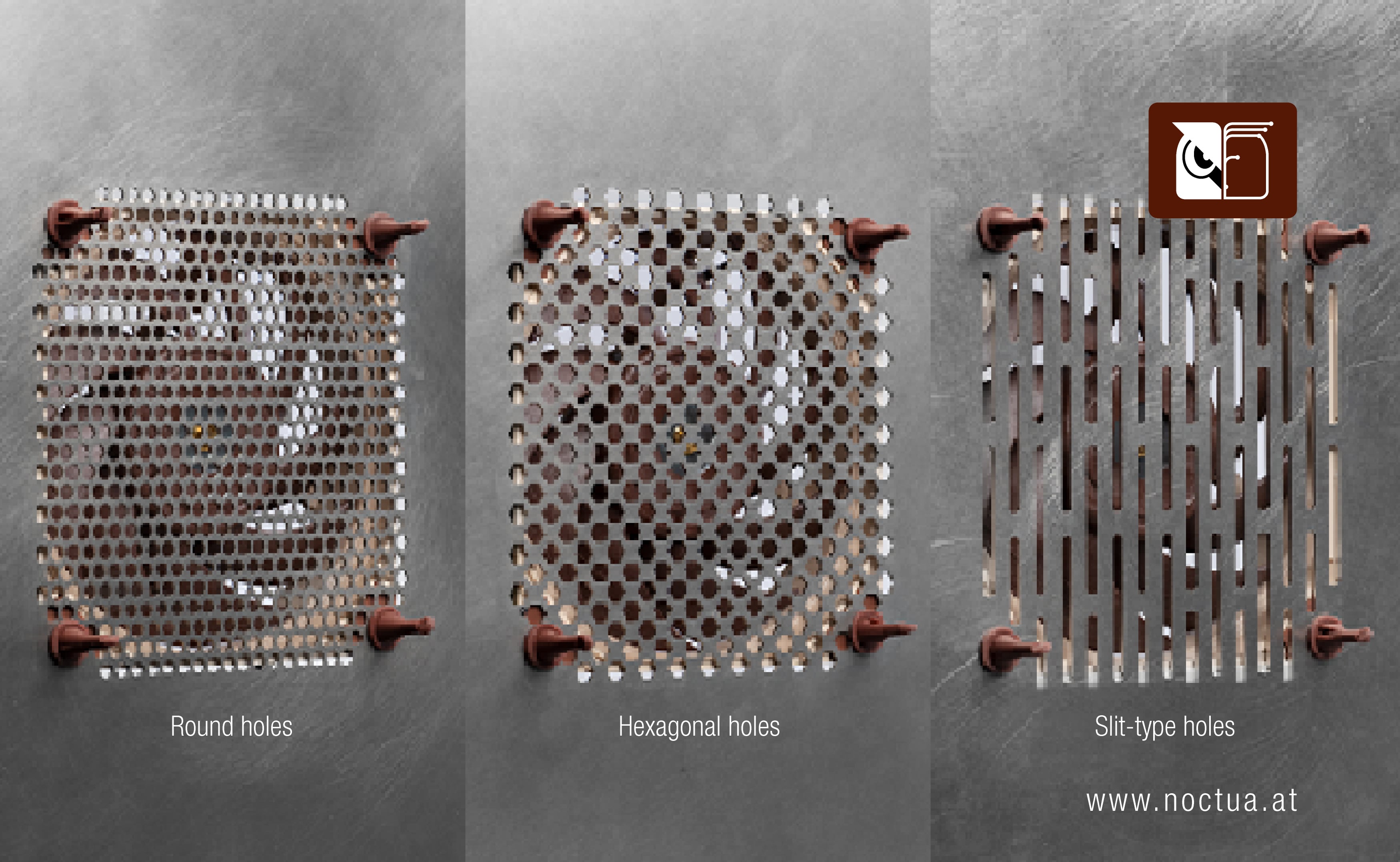 NA-IS1 test setup showing examples of perforated PC case panels with round, hexagonal, and slit-type holes for fan performance and acoustics testing.