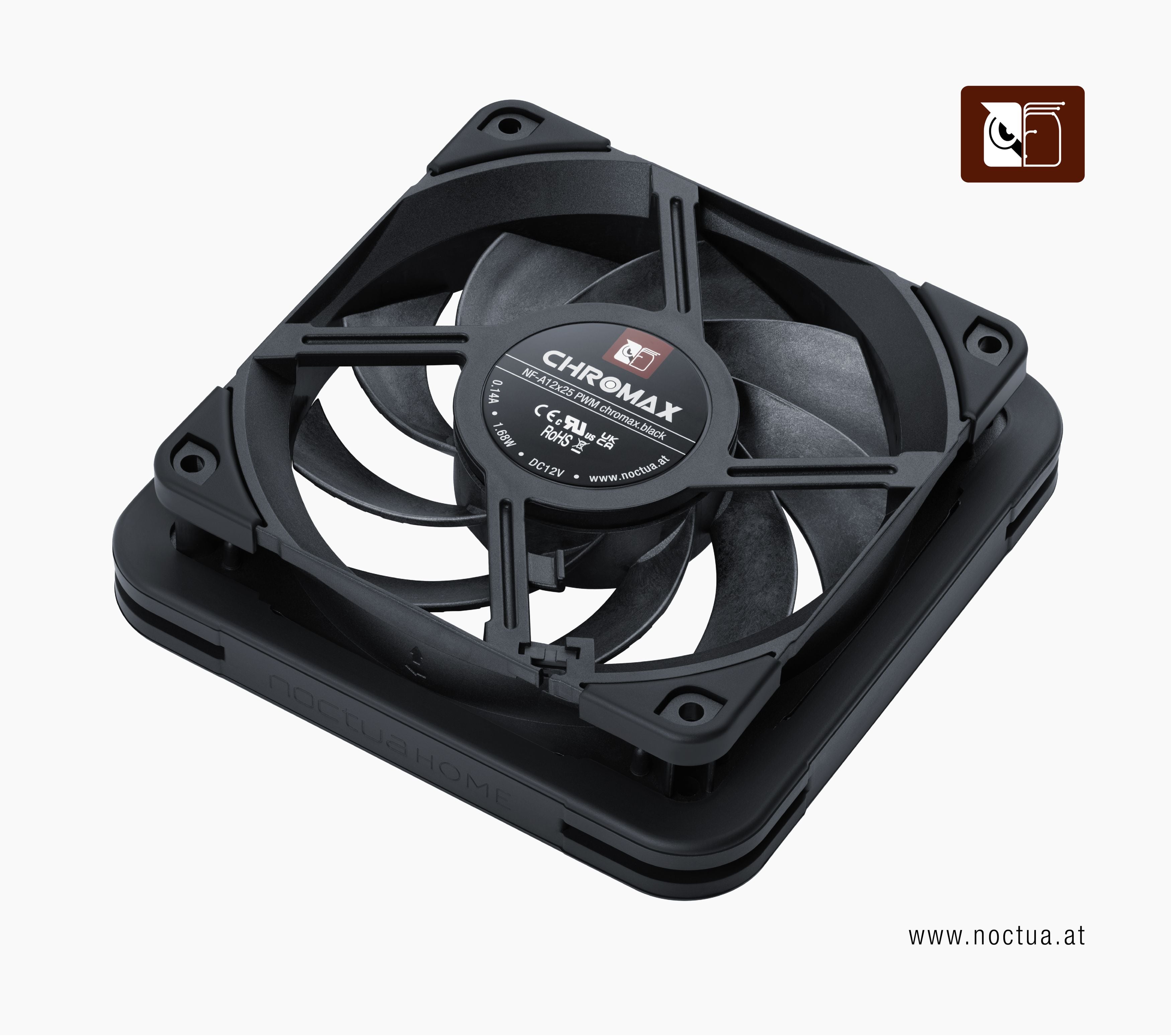 A black Noctua HOME NV-FS2 fan for active radiator ventilation and various other aplications, featuring a protective fan grill.