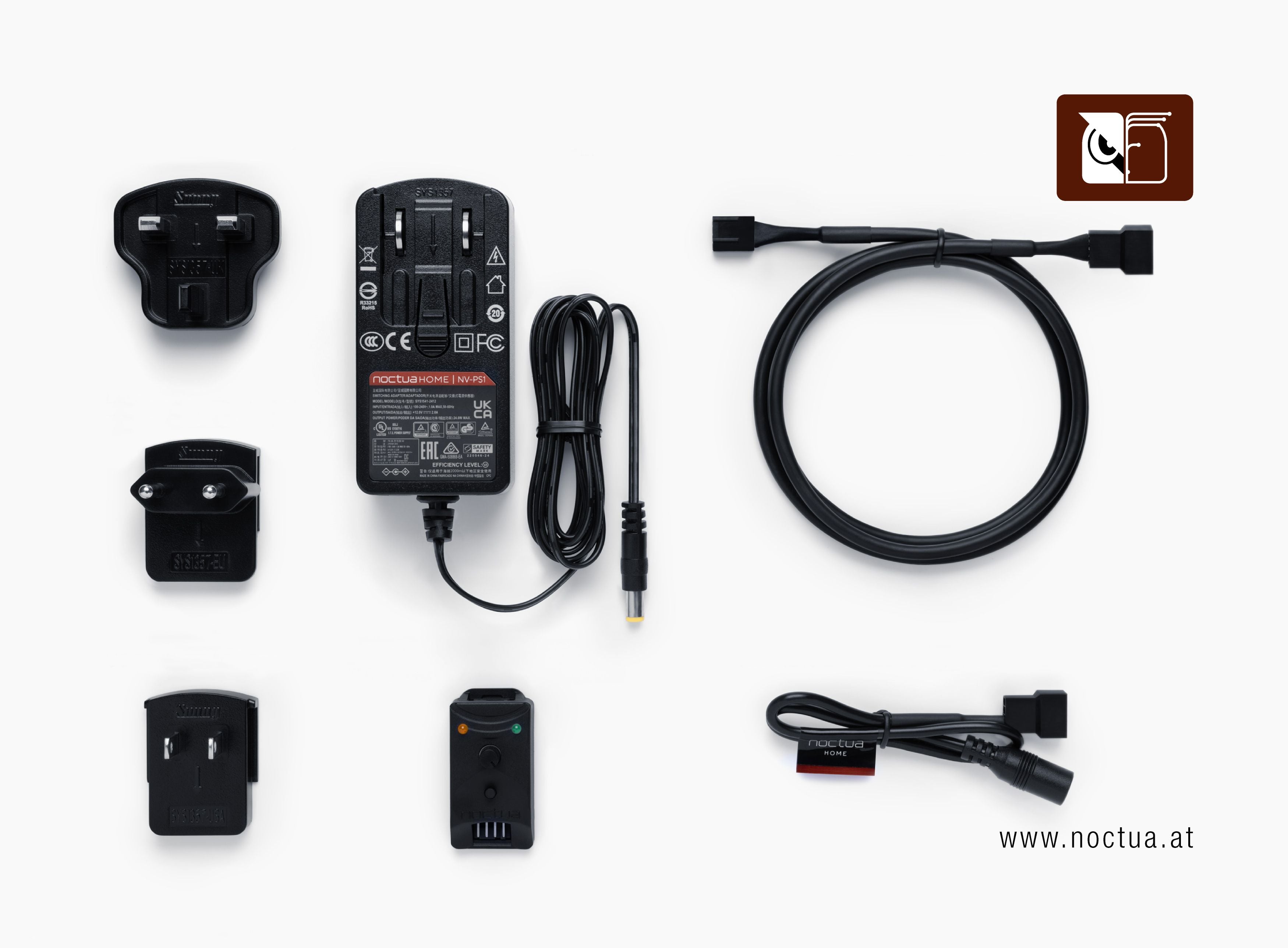 A flat lay of Noctua HOME NV-PS1 power supply accessories, including various international power plug adapters and cables.