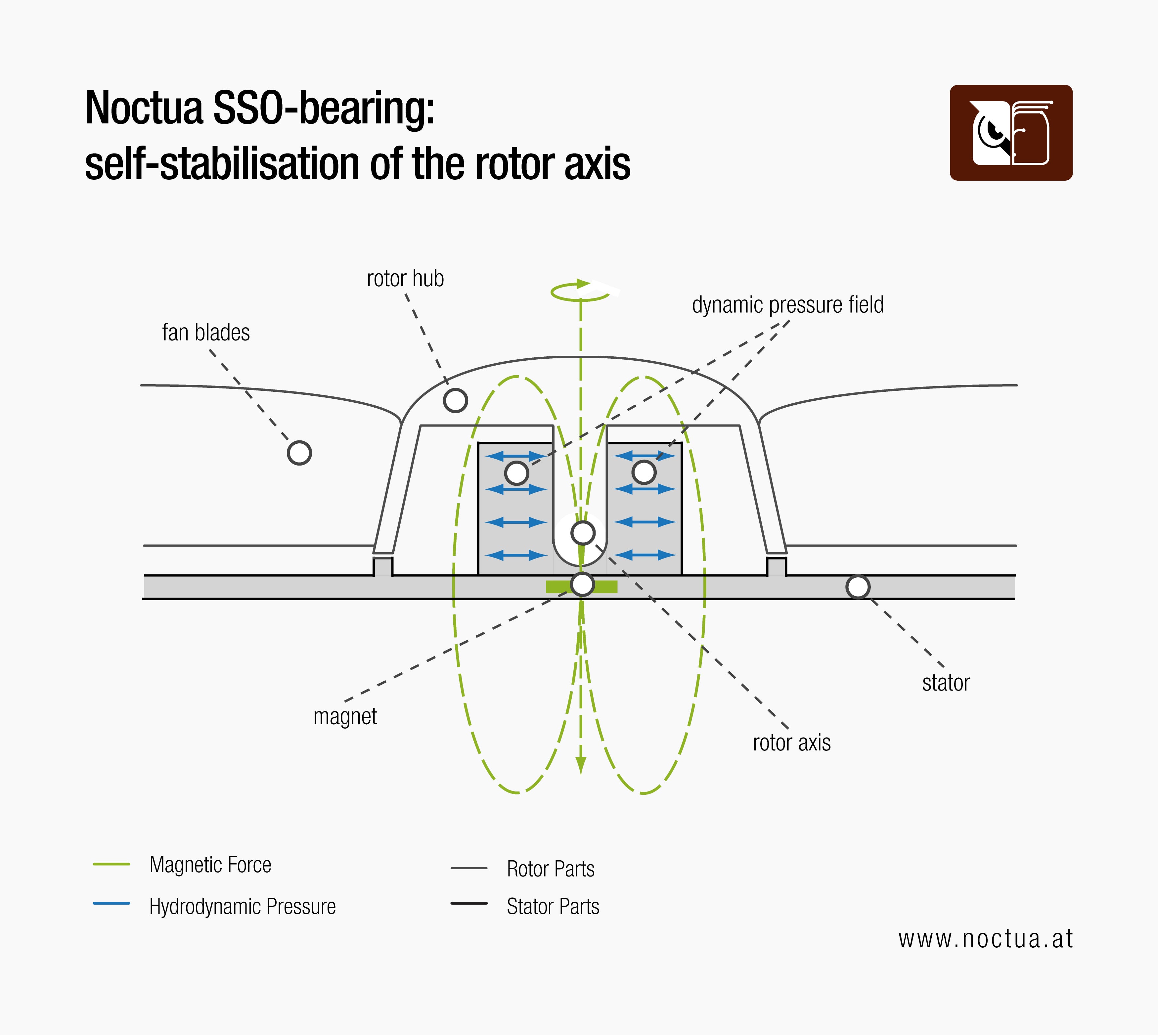 Diagram illustrating Noctua's SSO-Bearing, showing the self-stabilisation of the rotor axis using magnetic force and hydrodynamic pressure.