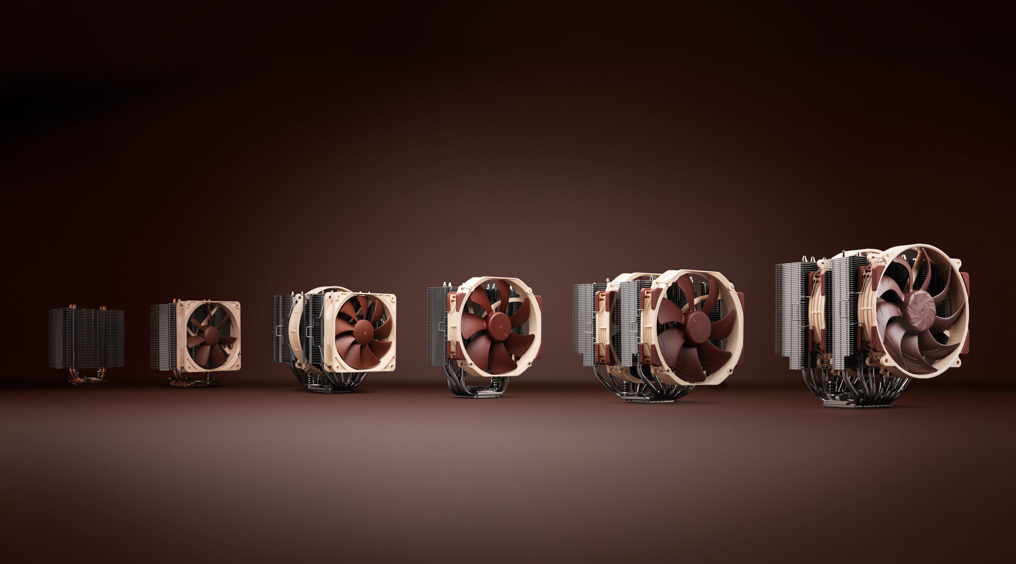 Noctua CPU coolers from 2005 to 2025 side by side