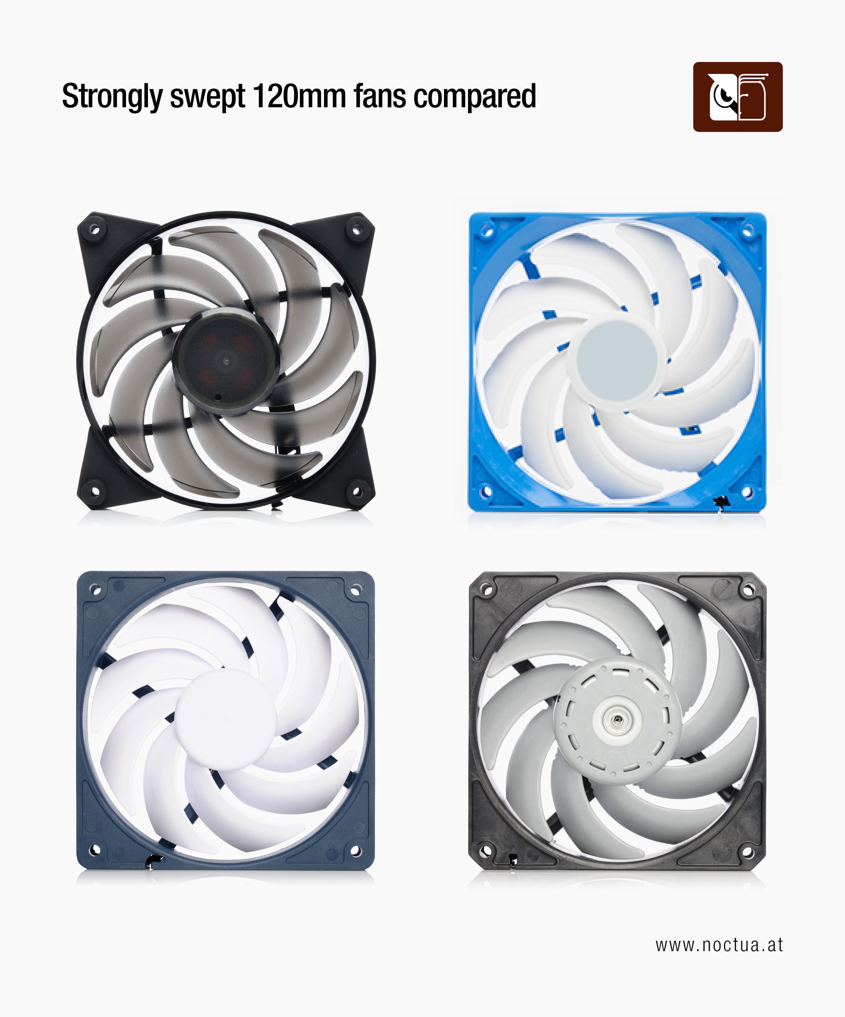 A picture comparing four different strongly swept 120mm fan designs showcasing various blade geometries and their similarities.