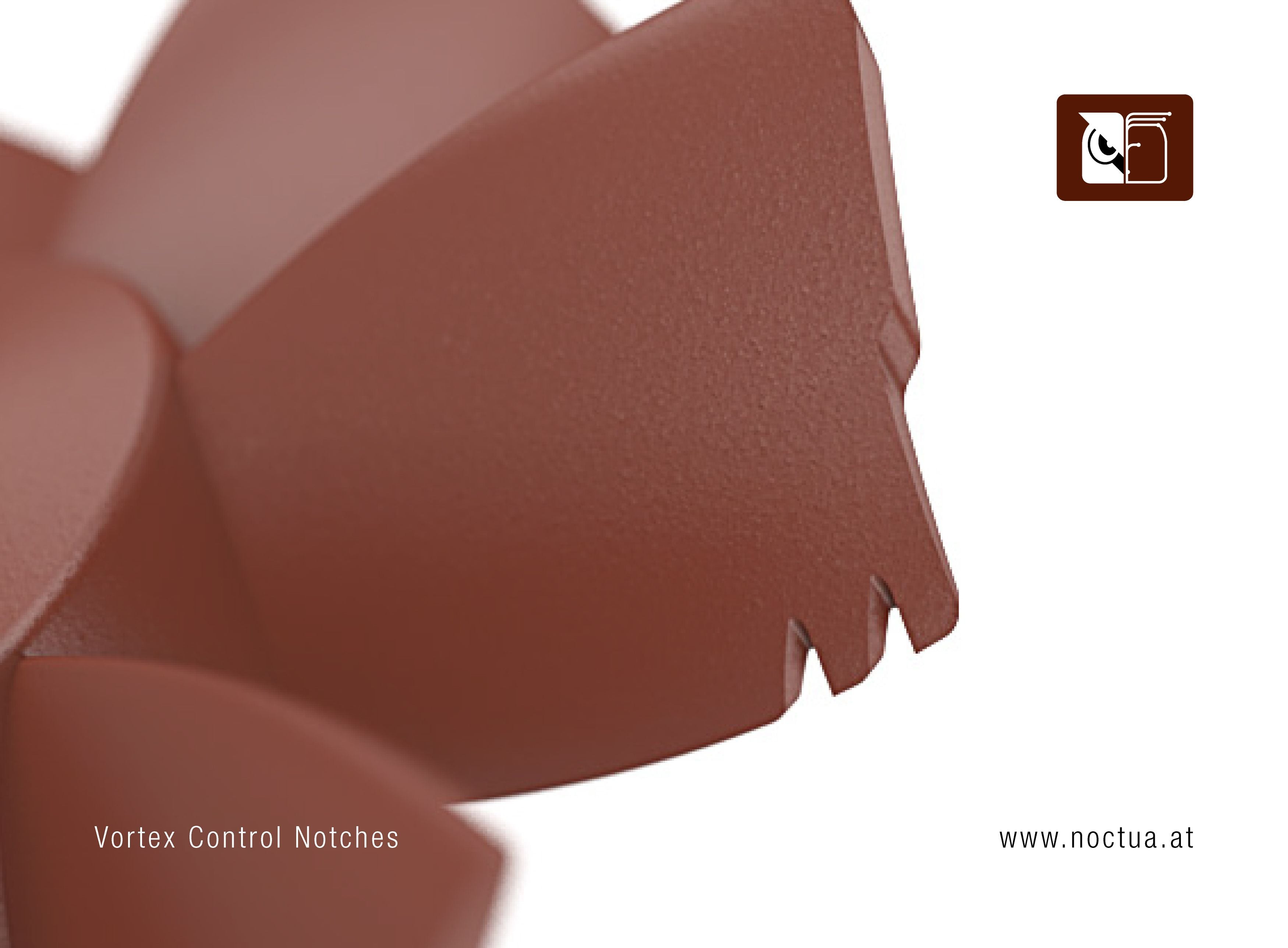 Close-up of a Noctua NF-B9 fan blade with a bevelled tip for less turbulence and velocity loss, leading to a reduction in noise emission and increased efficiency.