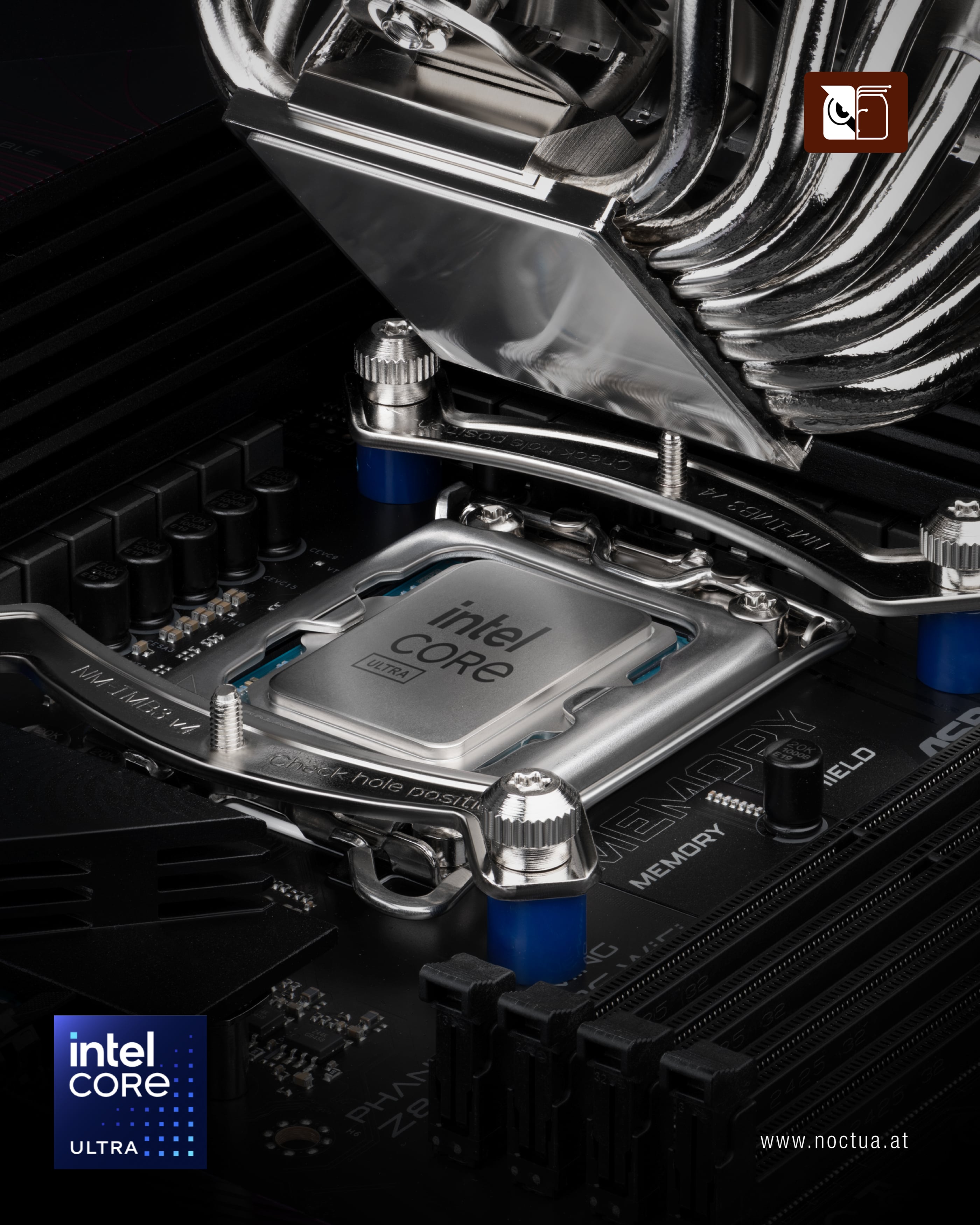 An Intel Core Ultra CPU installed on an LGA1851 motherboard, paired with a Noctua CPU cooler mounting kit, with the Noctua heatsink's base clearly visible above.