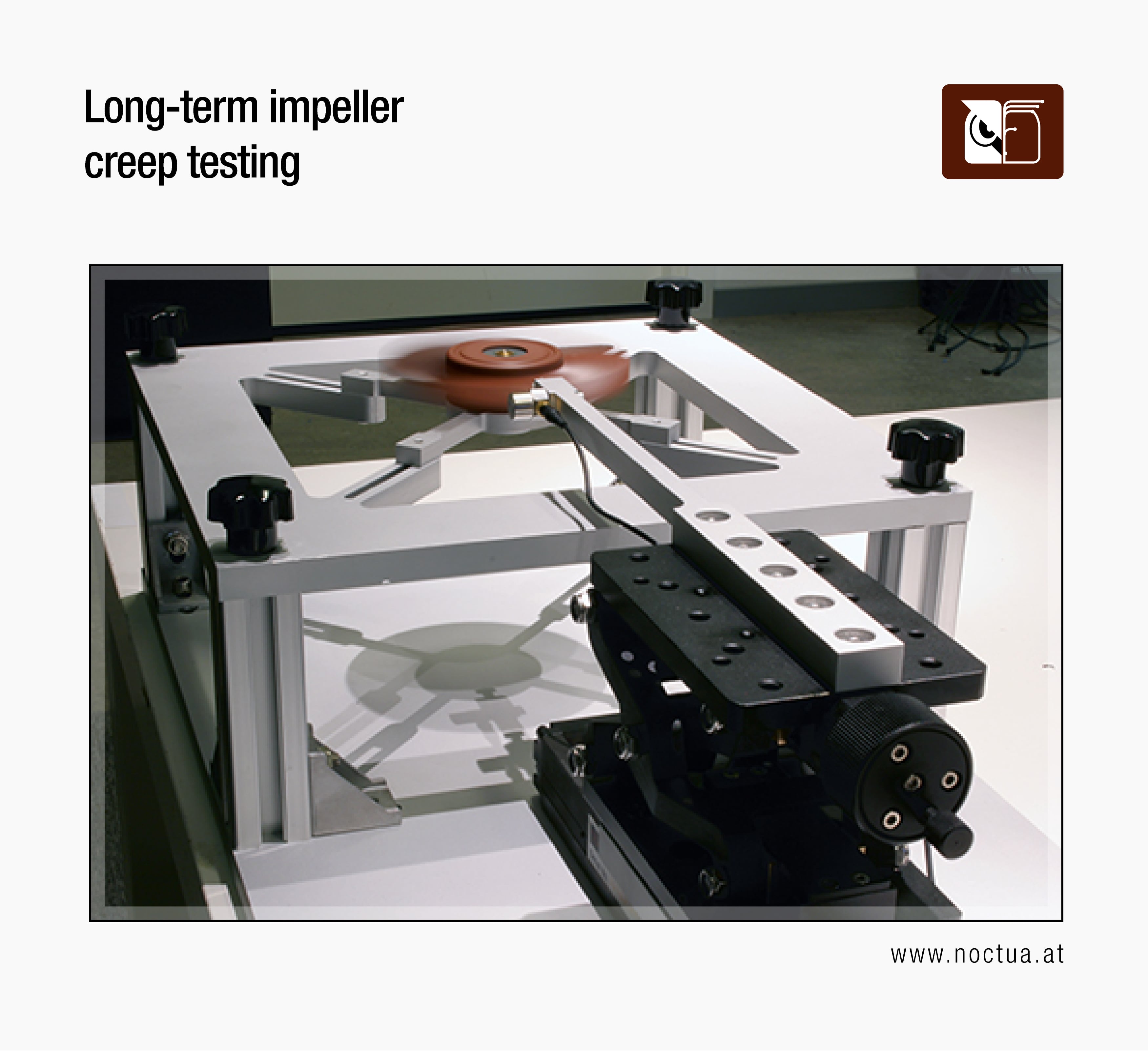 Laboratory setup for long-term impeller creep testing of a fan, featuring a visible fan impeller and testing apparatus that highlight the benefits of LCP.