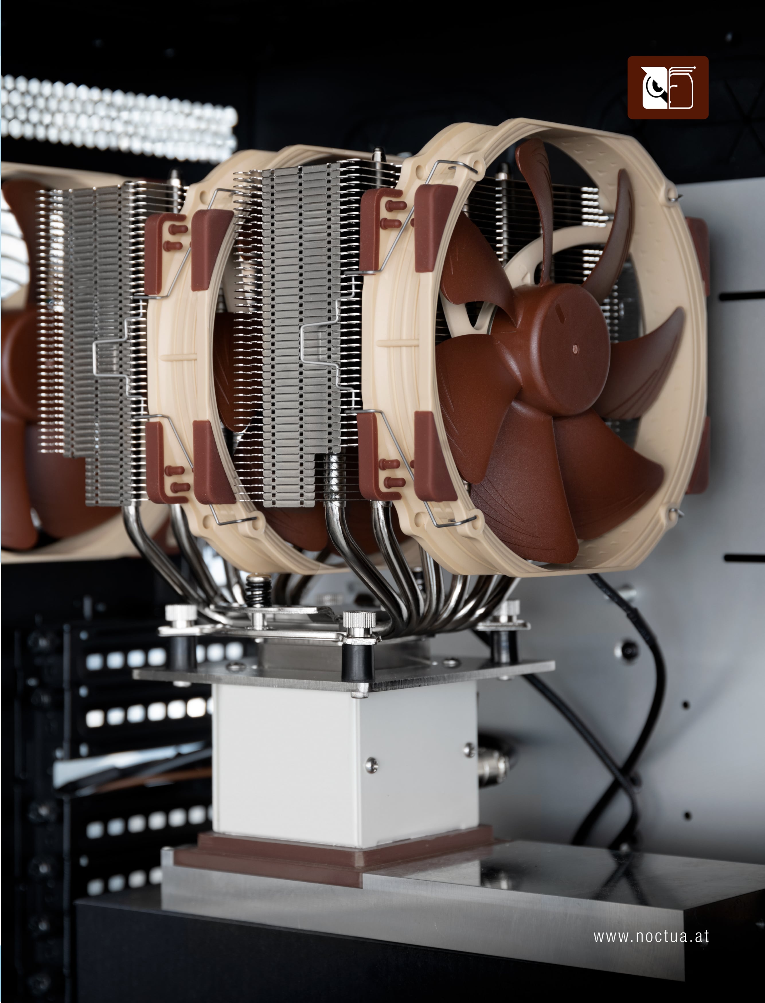 Close-up of the Noctua NH-D15 CPU cooler mounted on a synthetic dummy heat loader, showcasing its dual fans and sizable heatsink.