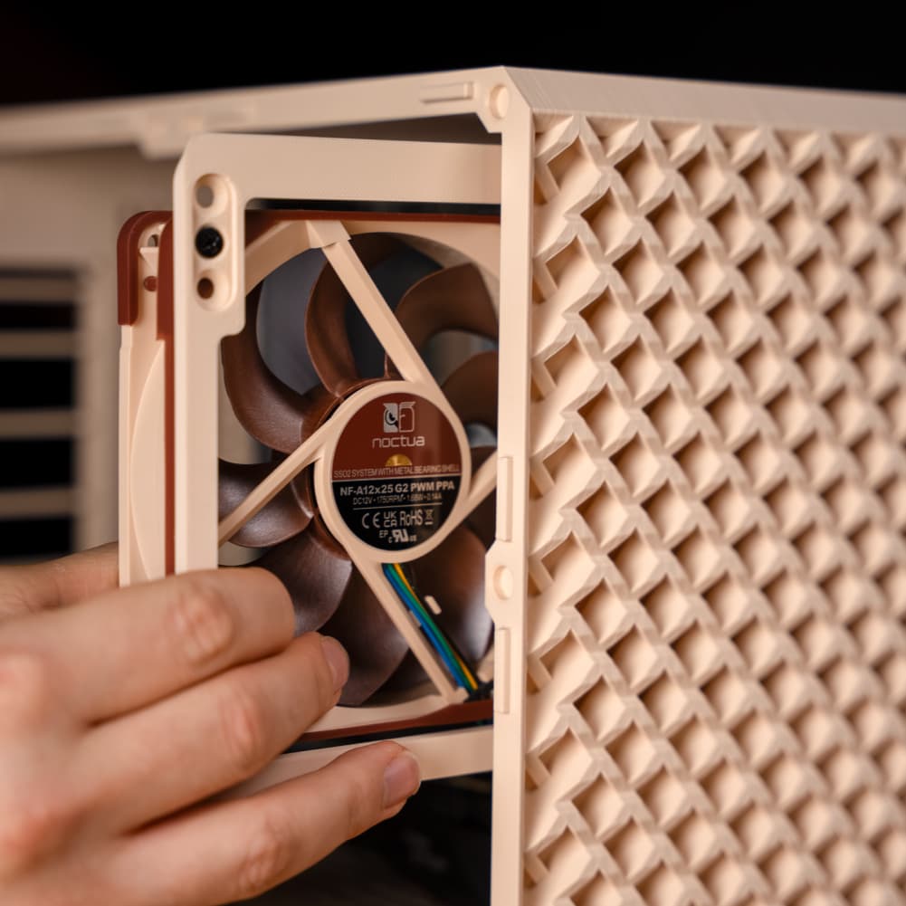 Noctua fan inserted into in a 3D printed PC case