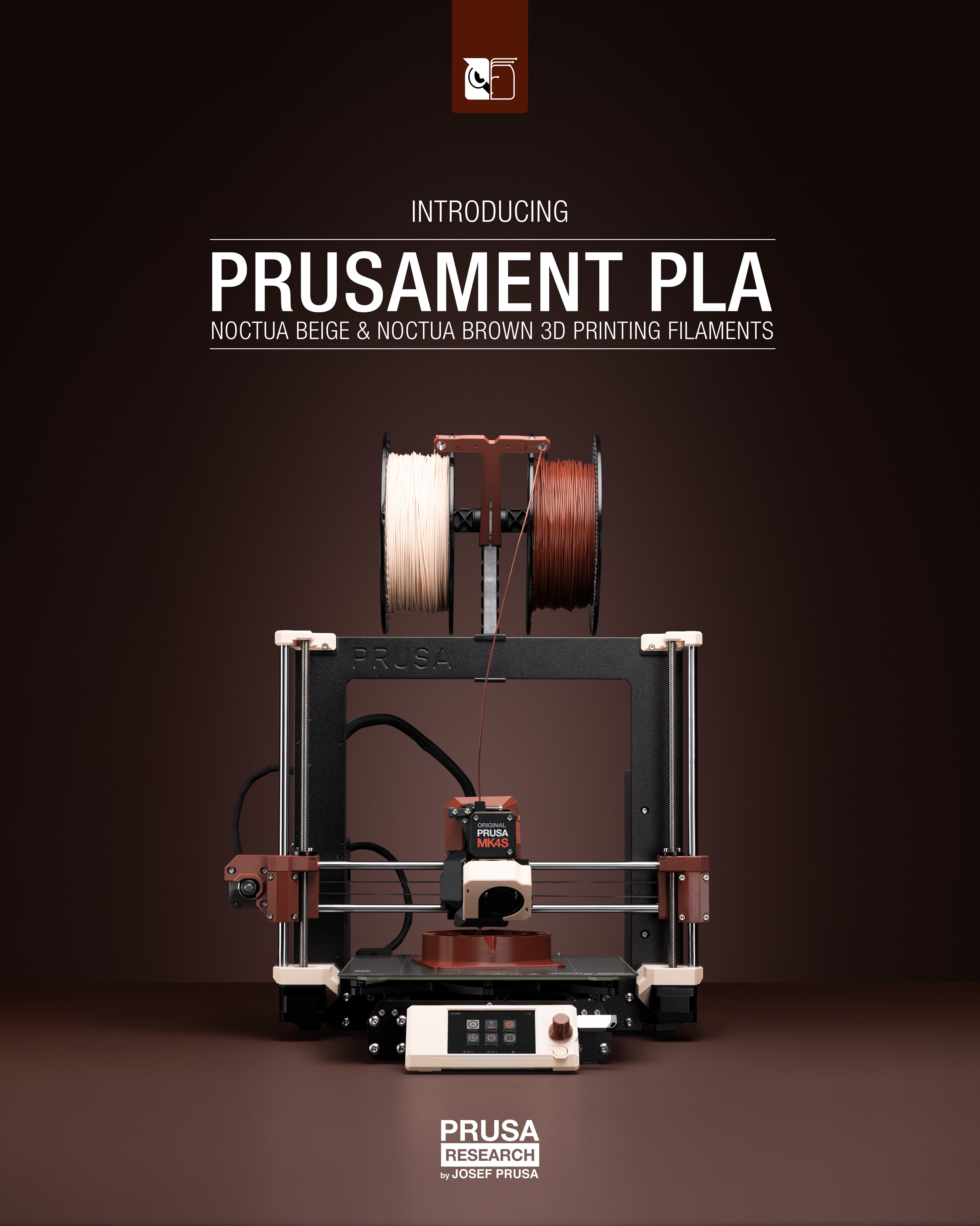 Prusa MK4S printer with Noctua coloured parts and filaments